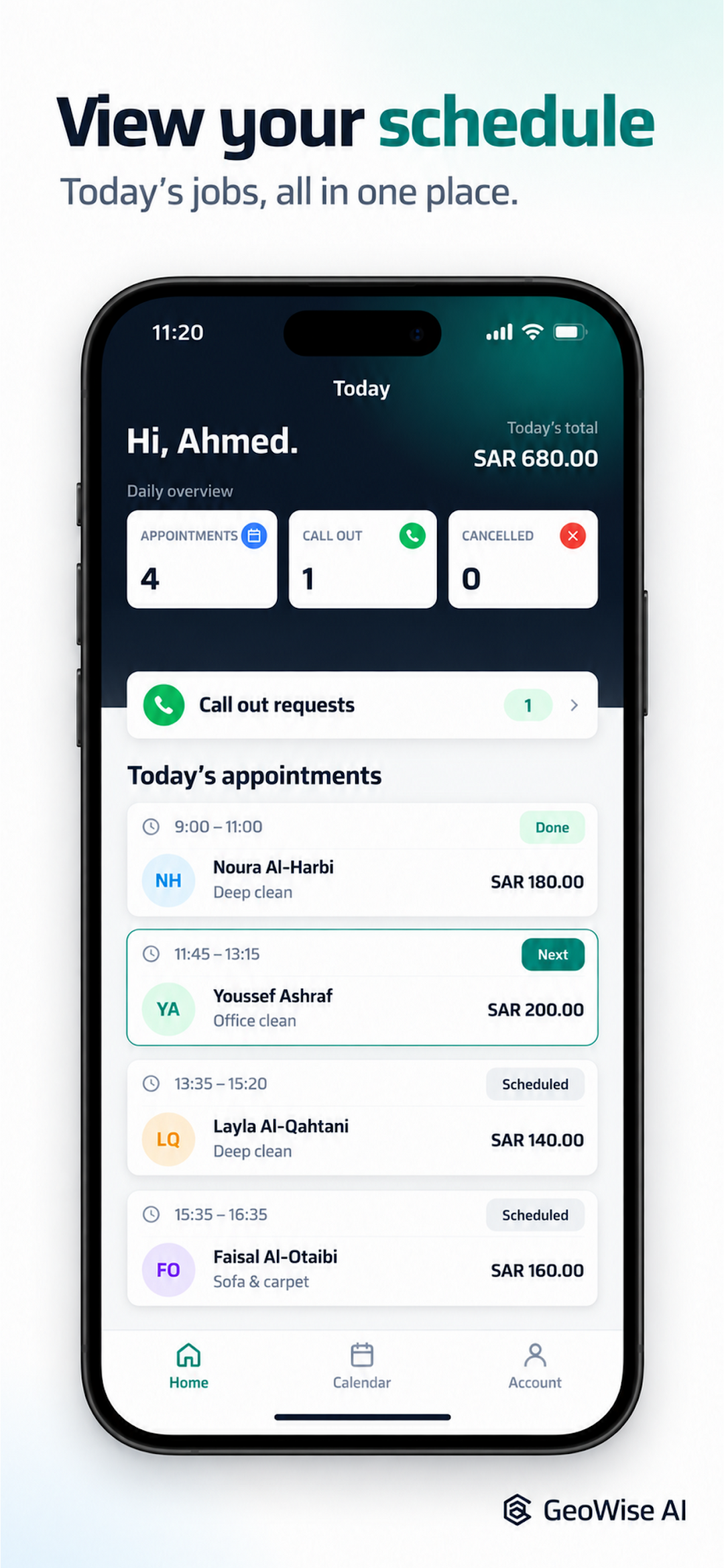 معاينة منشورة لتطبيق GeoWise Field Staff تعرض المواعيد اليومية وحالات المهام