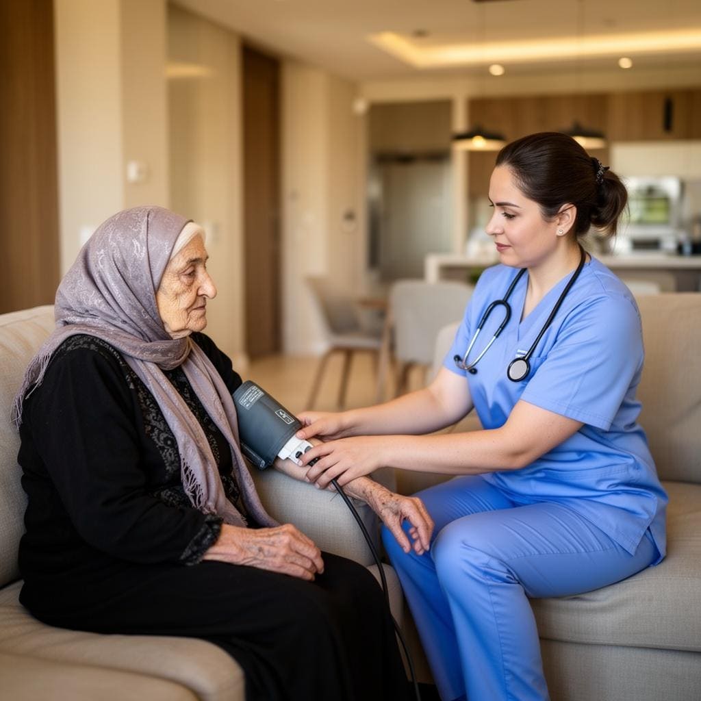 معالجة تجميل منزلي تقدّم جلسة عناية بالبشرة لعميلة داخل فيلا في الشرق الأوسط